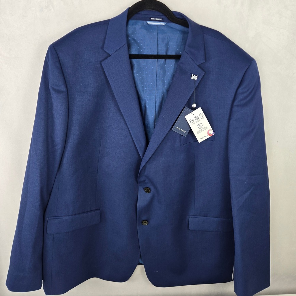 Crown & Ivy Mens Modern Fit Blue Blazer Jacket Aerocool Flex 54R 2XL-3XL Comfort